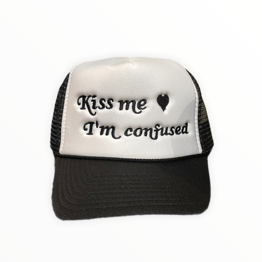 Kiss Me I'm Confused Trucker Hat - Black